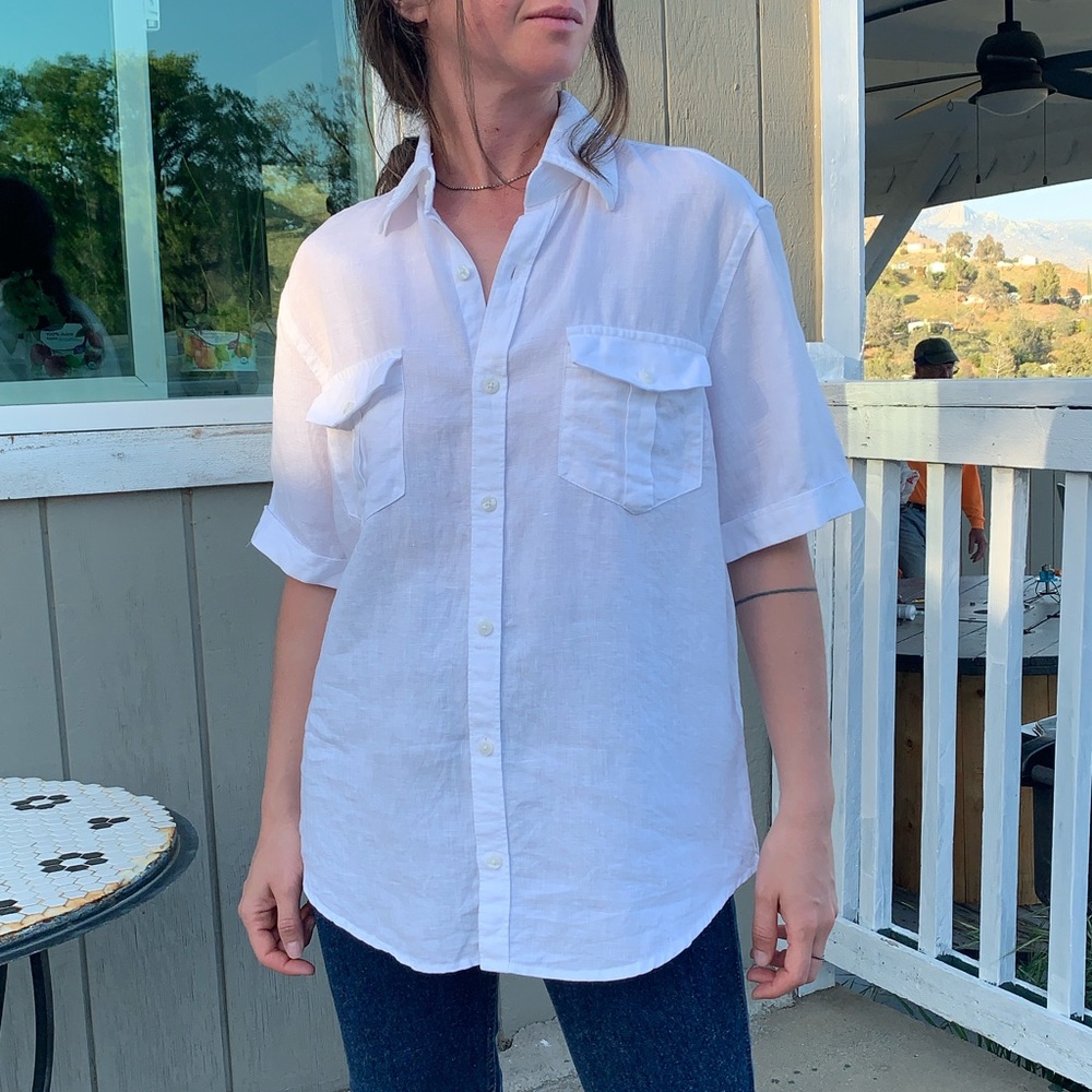 100% Linen Cargo Pocket pure white button down shirt
